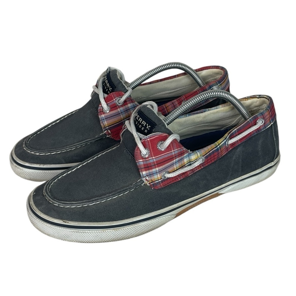 B8 Men’s Sperry Top-Sider Blue Plaid Trim Preppy Canvas Boat Shoes 10.5